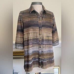 ALI MILES SP Tribal Geo Back Pleat Shirt Top Gold Browns Black Size Small Petite